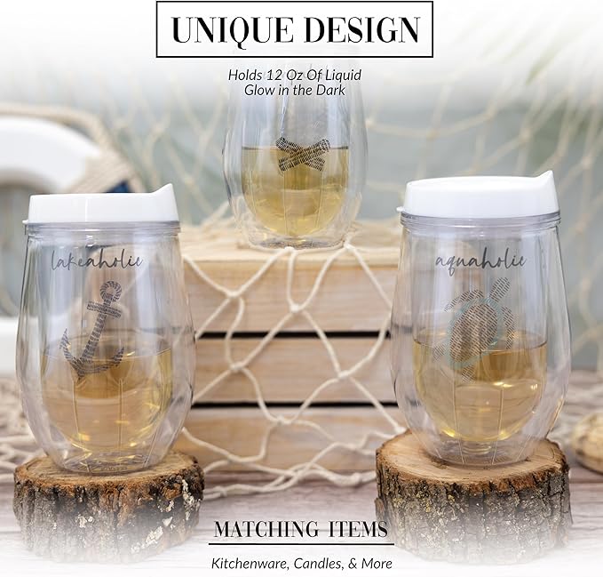 Pavilion Gift Company - Lakeaholic - 12 oz Wine Glass With Lid Wine Lover Kitchenware Lake Lover Lakefront Waterfront Outdoors Anchor Nautical Drinkware