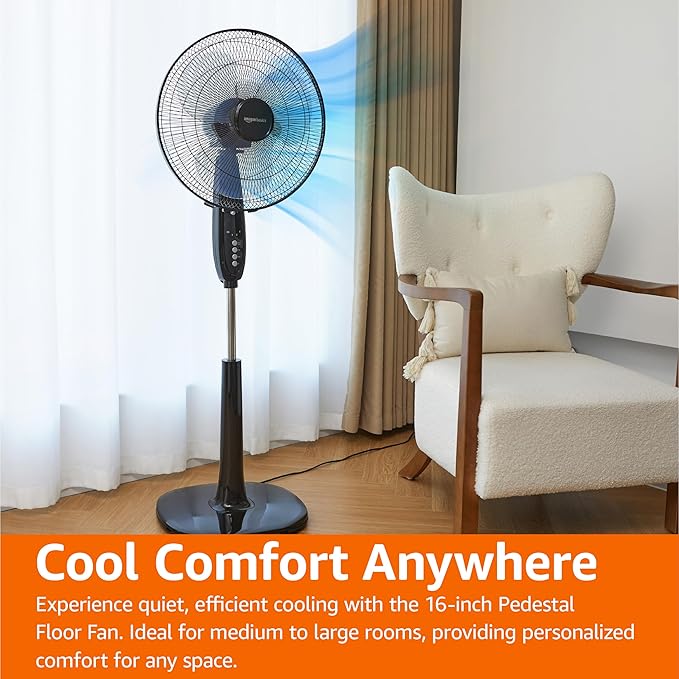Amazon Basics 16" Pedestal Fan with Remote for Bedroom, Living Room, Office, Adjustable Height, Dual-Layered Blades, 3 Speeds, 3 Modes, Timer, Tilt Head, 60W, Black