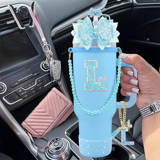 9PCS Blue for Stanley Cup Accessories Set Bling Initials Bow Charms for Stanley Decorations 30/40 Oz Tumbler Accessories Including Bow Straw Topper, Handle Strap, Spill Stopper（Letter L）