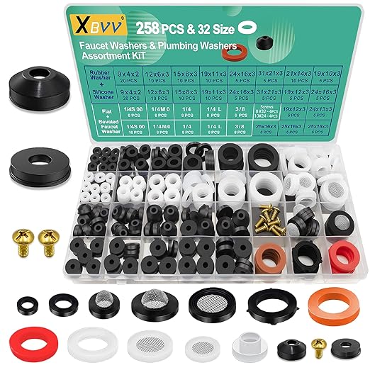 XBVV 32 Size 258 Pcs Faucet and Plumbing Rubber Washers Assortment Kit for Assorted Garden Hose Valve Spigot Adapter Splitter Outdoor Faucet Bibb Shower Hose Gasket Repair