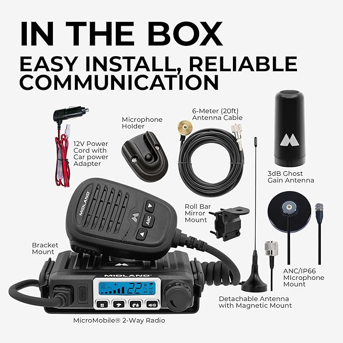 Midland – MXT115AGVP3 - 15 Watt GMRS MicroMobile Two Way Radio - Off Roading Outdoor Farm Radio - Extended Range 3dB gain Ghost Antenna, Antenna Cable, Mounting Bracket - Farm Tractor Bundle