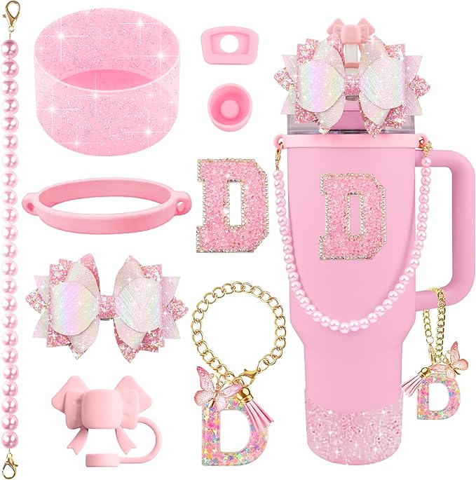 9PCS Pink for Stanley Cup Accessories Set Bling Initials Bow Charms for Stanley Decorations 30/40 Oz Tumbler Accessories Including Bow Straw Topper, Handle Strap, Spill Stopper（Letter D）