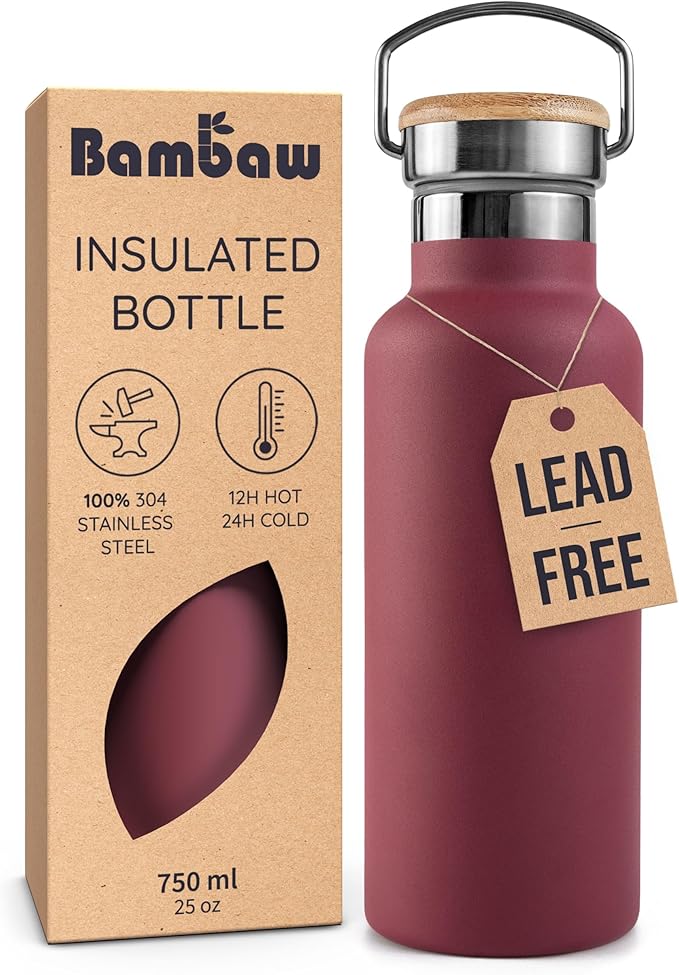 Bambaw 24 oz Insulated Water Bottle, Reusable Stainless Steel Water Bottles, Made of High-Grade Stainless Steel, Lightweight & Easy to Carry, Wide Mouth & Leak-Proof (Red Berry)