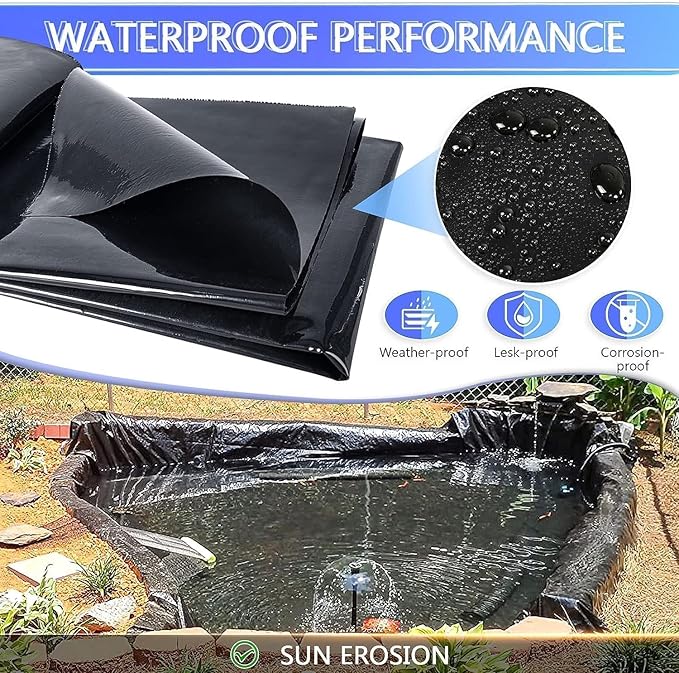 ToLanbbt Pond Liner 10 FT x 15 FT HDPE Pond Liners, 20 Mil UV Resistant Preformed Pond Liner Easy Cutting, Pond Liner for Natural Looking Ponds, Waterfall, Koi Pondsand Water Garden (Black)