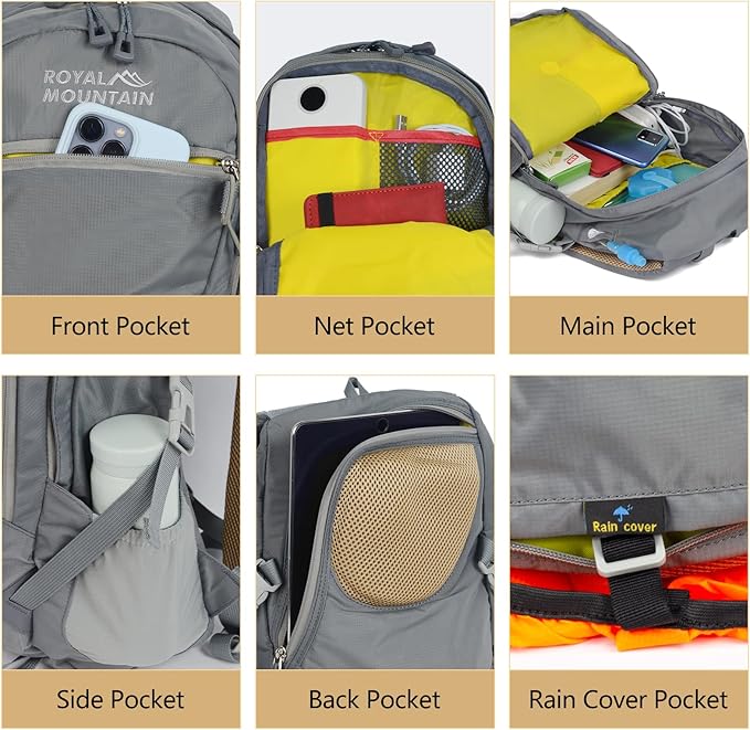 Hiking Backpack With Rain-cover, 30L Travel Backpacks For Women Men, Camping Daypack Backpacks Lightweight, Durable Hiking Backpack Fit For Camping, Daily Commuting, Short Trips (Grey)