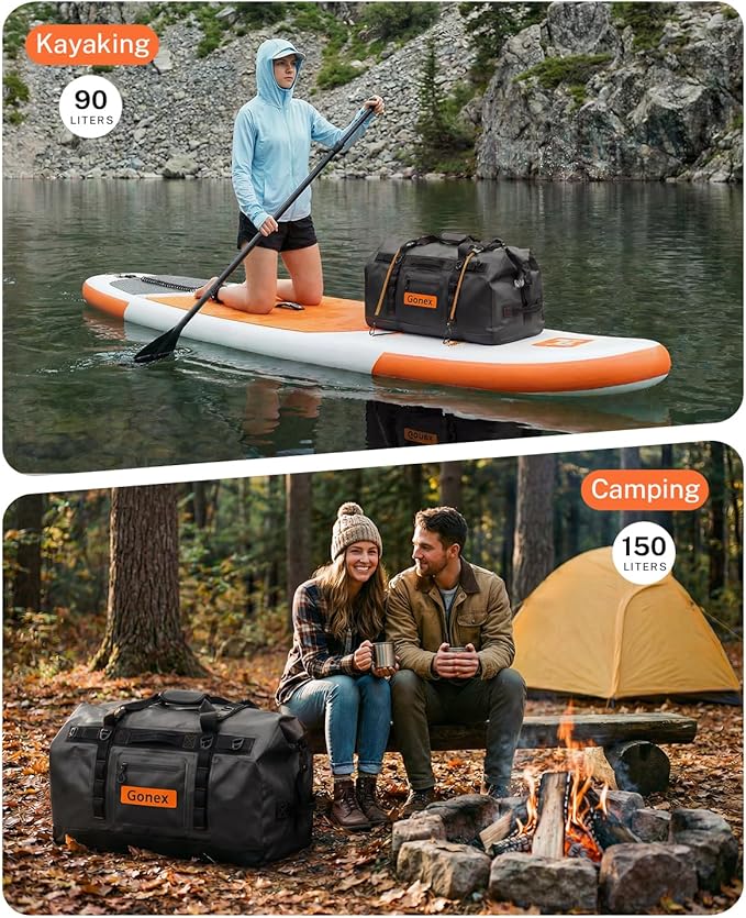 Gonex Waterproof Duffel Bag, 150L Heavy Duty Dry Duffle Bag with Reinforced Thickened Bottom, 3-in-1 Convertible Large Travel Backpack for Kayaking, Motorcycle, Camping & Boating, Black