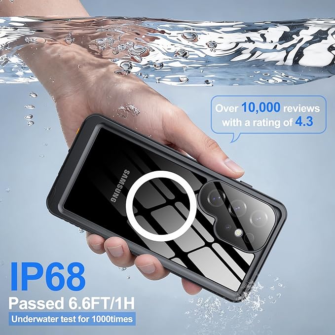 ANTSHARE IP68 Waterproof Case for Samsung Galaxy S25 Ultra [2025] - MagSafe Compatible, Built-in Screen/Lens Protector - Shockproof Full Body Protection for Swimming/Outdoor, Black/Clear