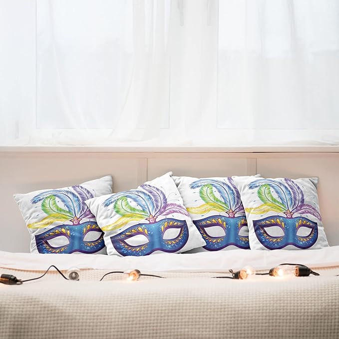 Ambesonne Mardi Gras Throw Pillow Cushion Case Pack of 4, Blue Ornate Venetian Festival with Feathers Masquerade Parade Preparations, Modern Accent Double-Sided Digital Printing, 20", Blue