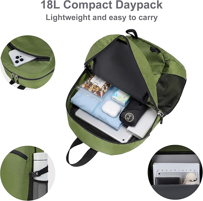 Lightweight Hiking Backpack 18L Packable Foldable Small Daypack Collapsible Travel Bag Water-Resistant for Women Men (Green)