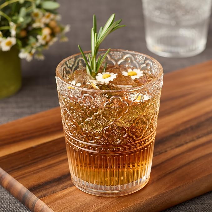 Victoria Clear Set of 6 Premium Acrylic DOF Glass 16 oz – Unbreakable Drinkware with Elegant Embossed Design, Perfect for Indoor & Outdoor Use