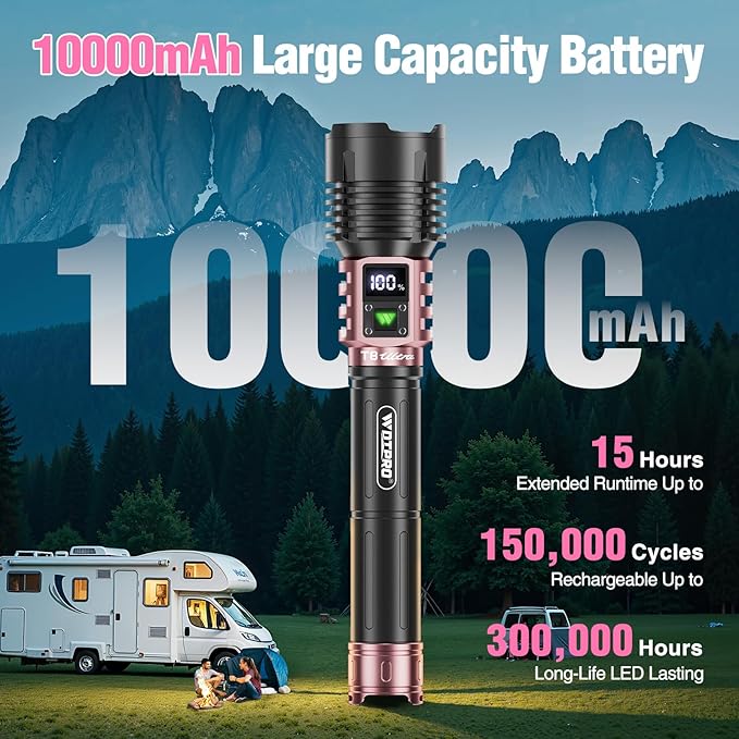 WdtPro Rechargeable LED Flashlights High Lumens, Super Bright 90000LM Rechargeable Flashlight with LCD Display, 5 Modes & Waterproof Powerful 10000mAh Handheld Flashlight for Camping Emergency Pink