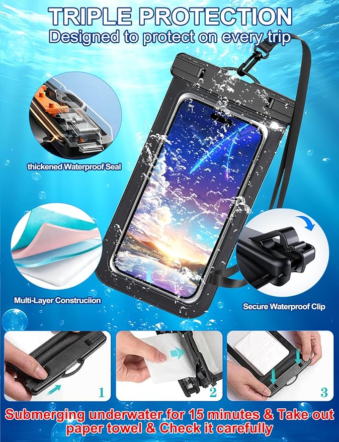 Famoby Up to 8.3" 3 Pack Black Universal Waterproof Phone Pouch, Phone Waterproof Case Dry Bag,Protection Level: IP68,Outdoor Sports for Apple iPhone,Samsung,and More,Black