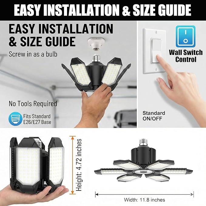BRAINIAC 100W LED Garage Lights, 10000LM Super Bright Shop Lights with 6 Adjustable Panels, Deformable Garage Ceiling Light Bulb for Workshop, Barn, Basement, Warehouse 2 Pack