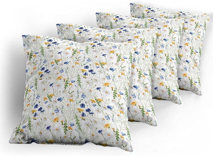 Ambesonne Flower Decorative Throw Pillow Case Pack of 4, Wild Flowers Poppies and Daisies Rural Nature Scenery in Meadows Rustic, Cushion Cover for Couch Living Room Car, 18", Yellow White