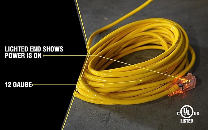 Southwire Yellow Jacket Heavy Duty Extension Cord - Reliable Outdoor Power for Tools & Equipment - Lighted End with Weather Resistant SJTW Jacket - 25 Foot