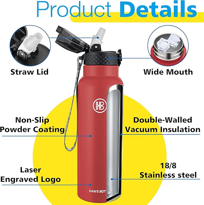 Han's Bottle Sports Water Bottle - 24 Oz, Straw Lid, Leak Proof, Vacuum Insulated Stainless Steel, Double Walled, Thermo Mug,Red