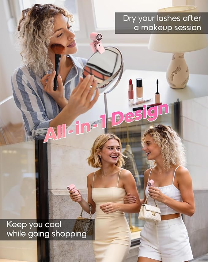 Portable Clip-On Mini Fan, Hands-Free, Turbo Personal Handheld Fans Rechargeable w/ 4 Wind & LED Display, Pocket Size Summer Cooling Essentials for Travel/Eye Lash/Beach/Concert, Gifts for Women(Pink)