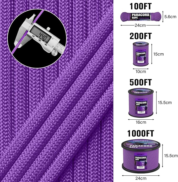 1200 Paracord Rope - 4.4mm 14 Strand Nylon Parachute Spool para Cord Lanyard for Outdoor Camping Survival Utility Tent Crafting DIY Projects Fishing Clothsline Bracelet - Purple 100FT