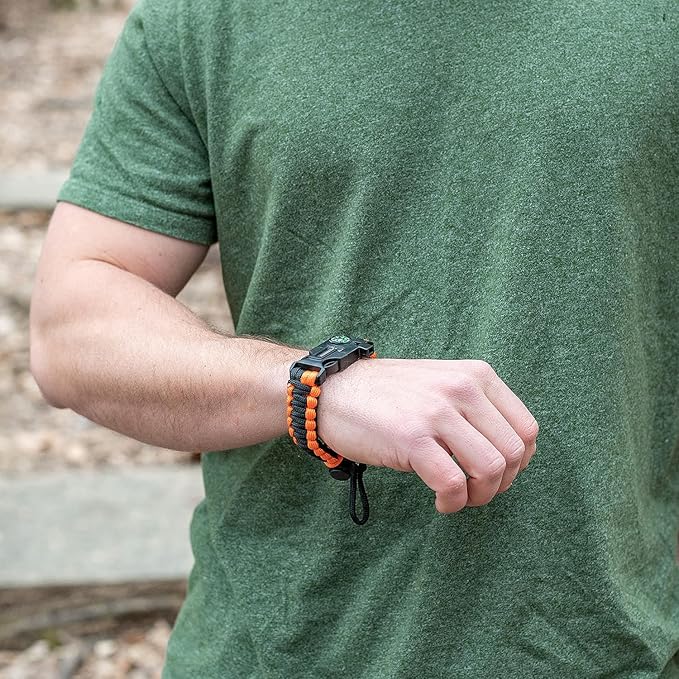 ELK Paracord Survival Bracelets - 2 Pack, Adjustable Size, Loud Whistle, Fire Starter - Ideal for Outdoor Enthusiasts, Hiking, Camping, Fishing, and Hunting (Black and Black+Orange)
