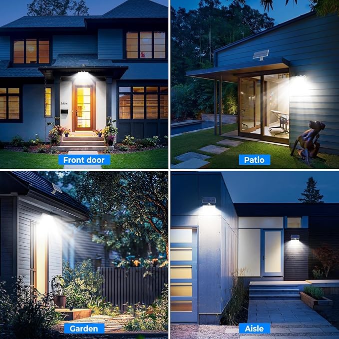Peasur 1 Pack Solar Motion Lights Outdoor, 318 LED Solar Security Light with 3 Modes, IP65 Waterproof Powered Flood Lights for Outside Garage Yard, (Cool Light, White Frame)