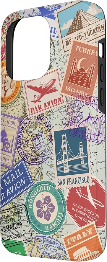 World Map Travel Passport Stamps Postage Stamp Case for iPhone 14 Pro Max
