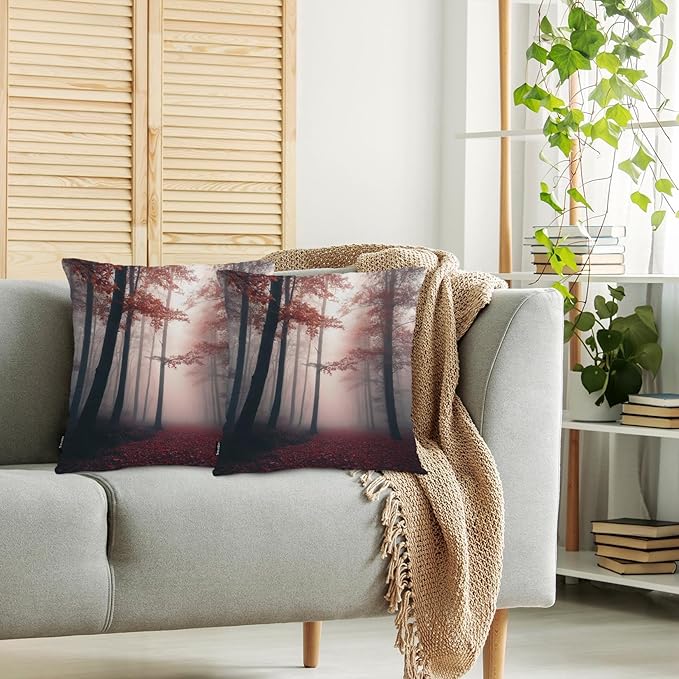 Swono Foggy Forest Throw Pillow Cases Pack of 2, Misty Autumn Tree Woods Landscape Square Cushion Covers Decor Pillow Covers for Couch Sofa Home Farmhouse Decoration 18 X 18 Inches Pillowcases