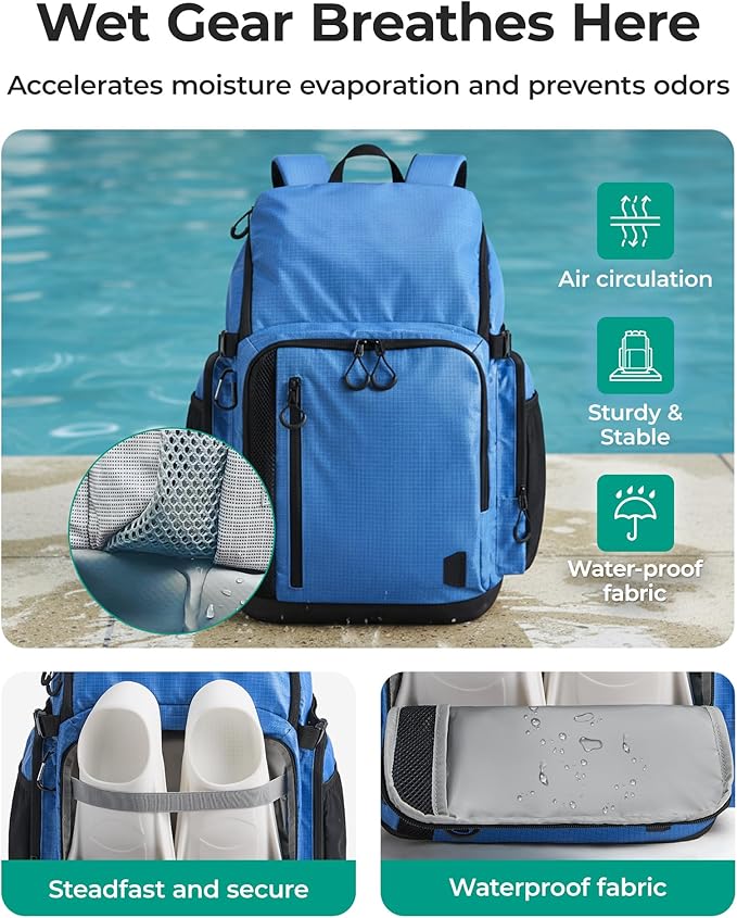 BAGSMART 2 Piece Swim Bag for Swimmers with Shoe Compartment, 35L Waterproof Swim Backpack for Men and Women, Swimming Sports Gym Bag