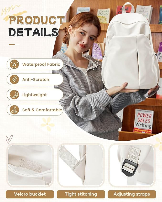 SEAFEW Beige School Backpack for Girls Women Waterproof High School Book Bag Cute Backpack for Men Teens Boys, Lightweight Simple Middle School Back Pack Daypack