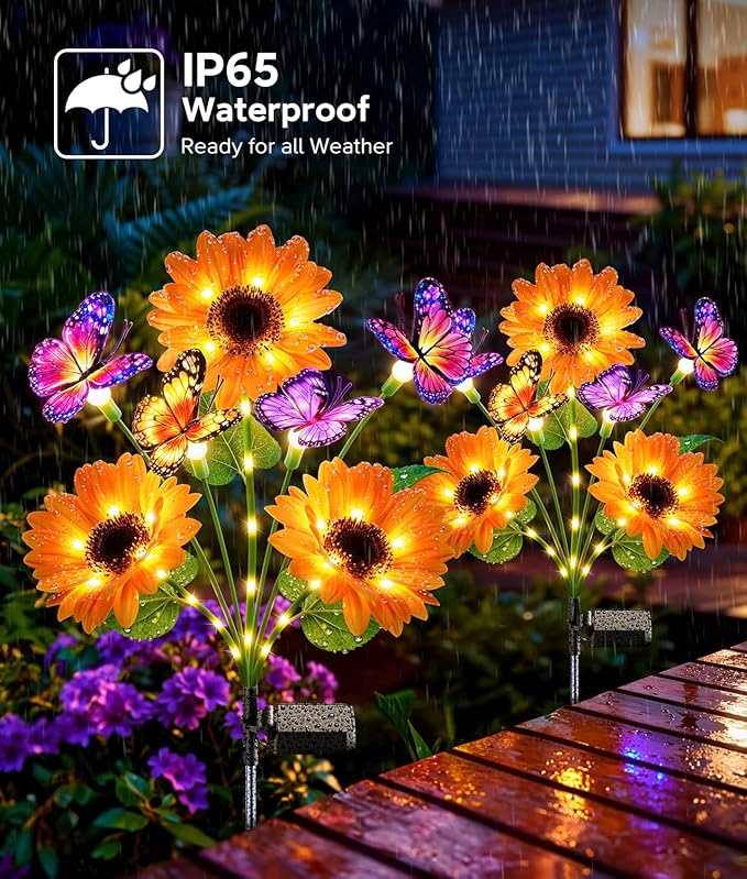 KOOPER Solar Garden Lights Outdoor Decor, Upgraded 4 Pack Solar Sunflower Lights with 16 Butterflies, Solar Flowers Outdoor Waterproof for Yard Lawn Garden Decor, Sunflower Gifts for Mom Women Grandma