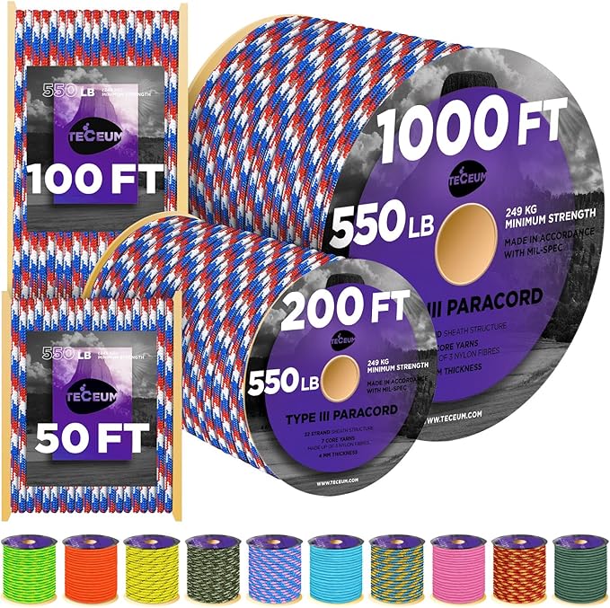 TECEUM Reflective Paracord Rope 1000 – 1000ft/200ft/100ft/50ft – 40+ Colors – Glow in The Dark – para Cord – Utility Rope for Survival, Hunting & Camping Gear – Nylon String, Camping Rope, Tent Cord