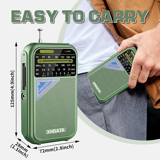 XHDATA D221 NOAA Weather Radio Portable AM FM Shortwave Radio Receiver, 2 AA Battery Operated, Transistor Radio with Excellent Reception for Gift, Family, Elder (Green)