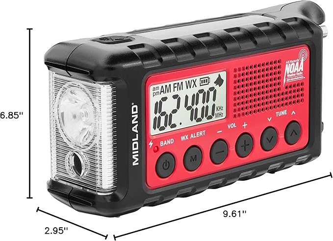 Midland - ER310, Emergency Crank Weather AM/FM Radio - Multiple Power Sources, SOS Emergency Flashlight, Ultrasonic Dog Whistle, & NOAA Weather Scan + Alert (Red/Black)