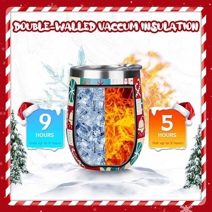 Christmas Wine Tumbler 12 oz Christmas Stainless Steel Wine Glass with Lid and Straw Stemless Double Wall Insulated Wine Cups Keeping Cold & Hot for Holiday Xmas Wedding Party Gifts (puzzle)