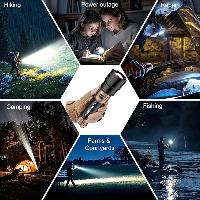 SKYFIRE Rechargeable Flashlights High Lumens,10000mAh Super Bright Flashlight Zoomable 4Modes Waterproof LED Tactical Flash Light for Camping Essentials,Outdoor and Home Emergencies