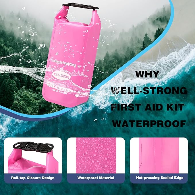 Boat First Aid Kit Waterproof, WELL-STRONG Marine Emergency Kit with Roll Top Dry Bag for Boating Fishing Kayaking – Water-Resistant Contents for Camping & Beach（Pink）