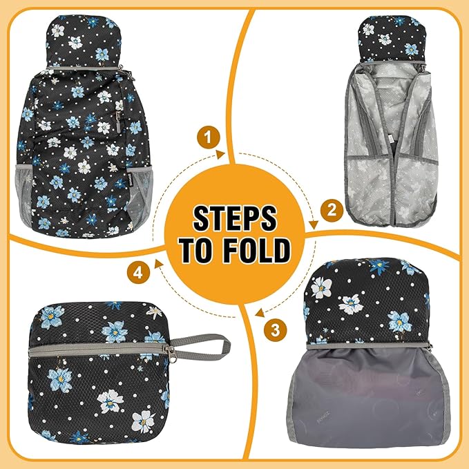 ZOMAKE Lightweight Packable Backpack,Foldable Backpacks Small Daypack for Hiking Water Resistant Day Bag for Travel(Black,Floral pattern)