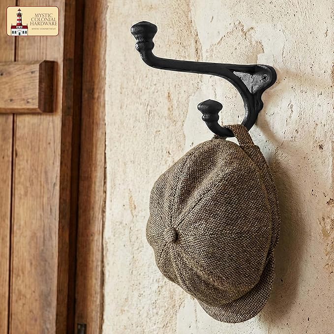 Mystic Colonial Rustic Cast Iron Wall Hooks Heavy Duty Retro Utility Hooks for Hanging Coat, Bag, Towel, Robe, Hat & More Decorative Wall Mount Hooks, Pack of 2, Black