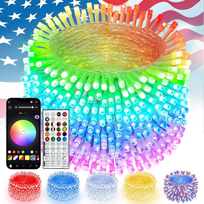 Smart Color Changing 4th of July Lights with Remote & App, 198FT 600LED Red White and Blue Twinkle Lights with Timer, RGB Patriotic Fairy String Light Waterproof Indoor Outdoor Independence Day Decor