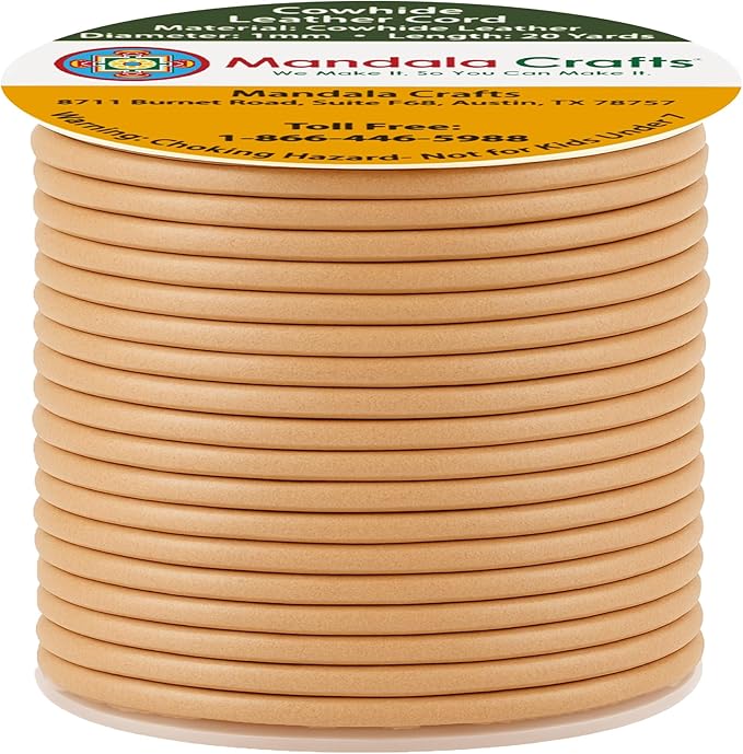 Mandala Crafts Round Genuine Tan Leather Cord for Jewelry Making – 1mm Cowhide Leather Rope String Lace for Kumihimo – 20 Yards Cowhide Craft Cording Spool