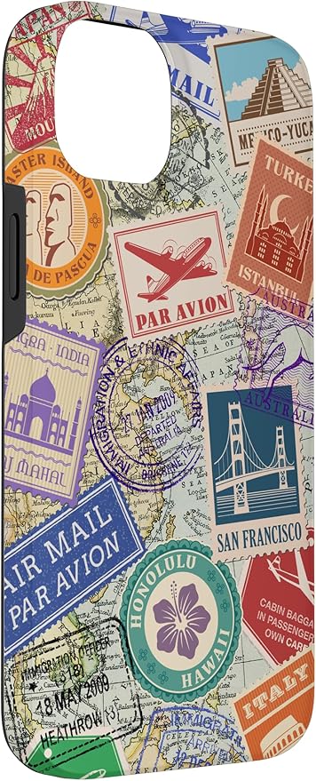 World Map Travel Passport Stamps Postage Stamp Case for iPhone 14 Plus