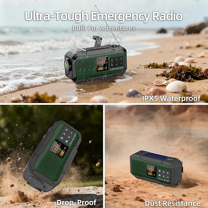 Emergency Radio Waterproof Bluetooth Speaker,Portable Digital AM FM Radio with 2000mAH Cell Phone Charger,Flashlight,Hand Crank NOAA Weather Radio with Solar Panel,Emergency Survival Kit (Deep Green)