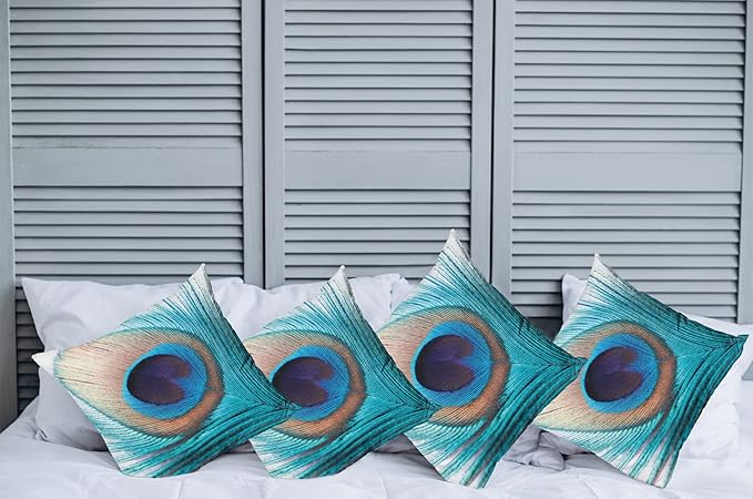 Ambesonne Feather Throw Pillow Cushion Case Pack of 4, Close up Pattern of Peacock Fluff in Vibrant Tones Natural Wildlife Theme Print, Modern Accent Double-Sided Digital Printing, 16", Aqua Cream