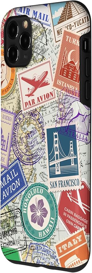 World Map Travel Passport Stamps Postage Stamp Case for iPhone 11 Pro Max