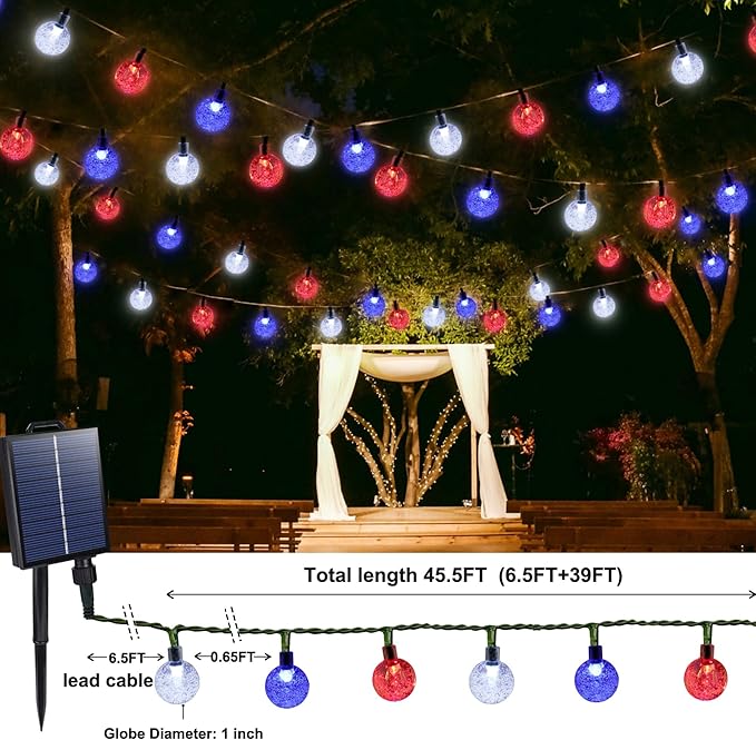 Joomer 4th of July Red White Blue Solar String Lights,39FT 60LED Waterproof with 8 Lighting Modes Patio Lights for Independence Day Garden Yard Gazebo Party