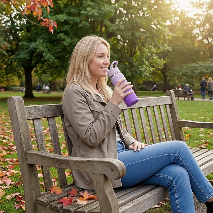Fijinhom 2 Pack 18oz Insulated Stainless Steel Water Bottle with Straws, Double Wall Vacuum Insulated Bottles, Metal Thermo for Travel, Sports, Leak-Proof, BPA Free, Women & Men, Purple&Pink Gradient
