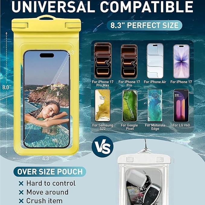 Waterproof Phone Case,with Inside Card Protector, IPX8 Cell Phone Dry Bag Up to 8.3" for iPhone 17 16 15 14 13 12 Pro Max XS Plus Galaxy S22, Cruise Vacation Essentials, 2 Pack Black &Yellow