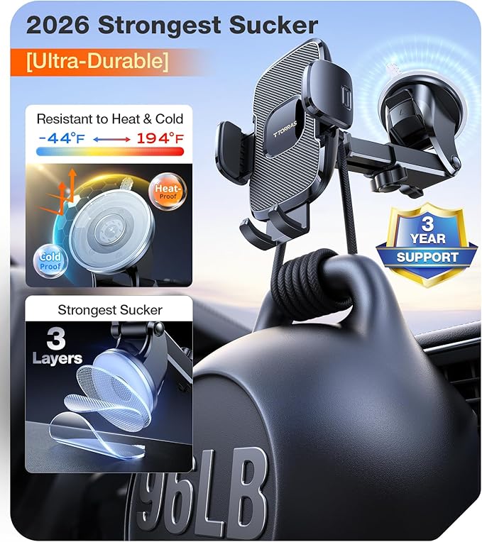 TORRAS Ultra-Durable Phone Holders for Your Car【96+LBS Strongest Suction】 Car Phone Holder Mount, Safety Certs Cell Phone Car Mount Truck for Dashboard Windshield Vent for iPhone 17 16 15 14 Pro Max