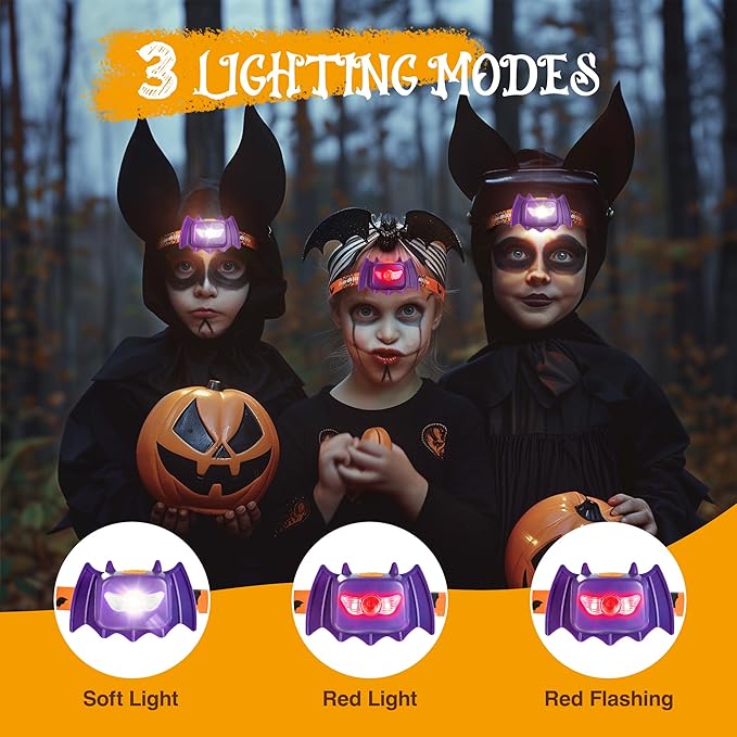 EverBrite Halloween Bat Headlamps Halloween Gifts, 5 Pack Head Lamps with Warm/Red/Strobe 3 Modes, Headlights for Halloween Party and Decorations