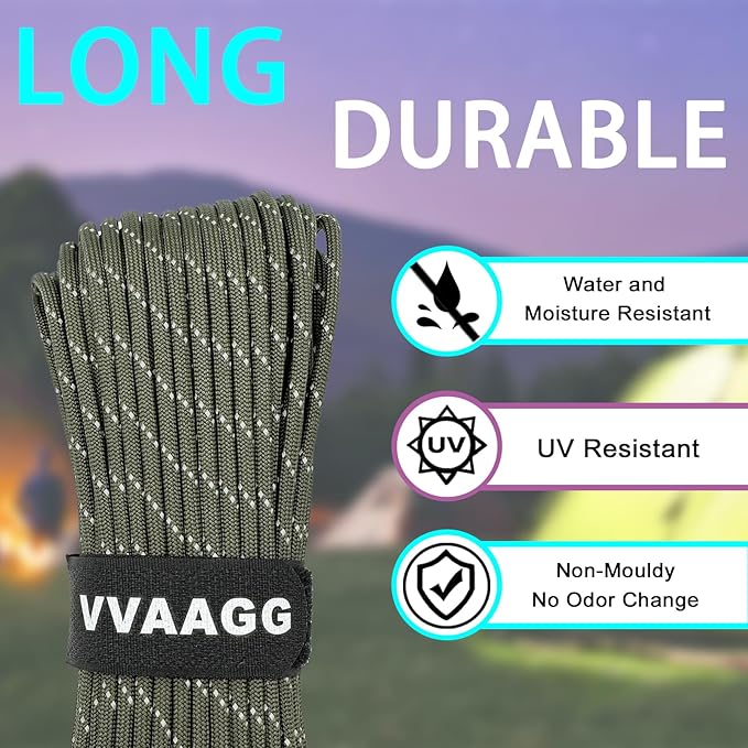 VVAAGG Reflective Paracord Rope 100FT, 7 Strand Nylon para Cord Lanyard Utility 550 Parachute Cord, 4mm Thin Tent Rope for Outdoor Camping Hiking