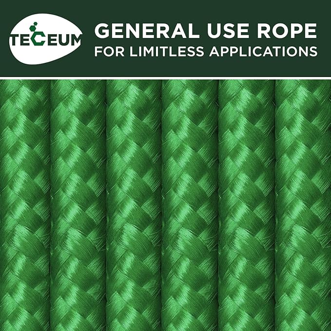 TECEUM Rope – 90 Feet x 3/8 Inch (10mm) – Green – Strong All-Purpose Utility Rope – Camping, Crafting, Flag Pole, Indoor & Outdoor – Polypropylene Nylon Poly Lightweight Diamond Braided Cord